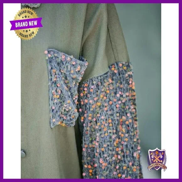 Oversized Denim Shacket with Sequin Patchwork Long Sleeves - Picture 5 of 8